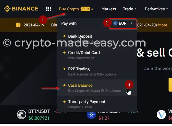 Buy Crypto for EURO on Binance